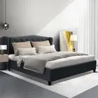 Upholstered Linen Fabric Bed Frame Base Queen Size Foam Padded Tufted Headboard