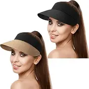 [Geyoga] 2 Pieces Sun Visor Hats Summer Wide Brim Beach Straw Hats Adjustable Large Brim Cap Golf Hat for Women, Khaki and Black, Medium