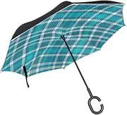 Double Layer Inverted Umbrella Cars Reverse Umbrella Blue Gingham Checkered Plaid Windproof UV Proof Travel Outdoor Umbrella