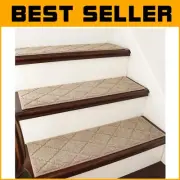 Beige Non-Slip Carpet Mat Stair Runners - 7pc Machine Washable Set for Safety