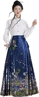 [IDZNFNFX] Chinese Daily Hanfu for Women Horse Face Skirt Seft Set Vintage Long Swing Maxi Pleated Skirt,A,S=Bust 98cm