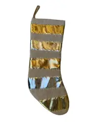 THRESHOLD TARGET CHRISTMAS STOCKING GOLD SILVER METALLIC LINEN STRIPES STITCHES