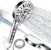 Baseau Luxury Filter Shower Head,10 Functions Spray Setting High Pressure Handheld ShowerHead, Built-in Pause Mode & 2 Jet Mode Power Wash for Tubs Tiles Walls Pets Cleaning (Filter and Hose Included)