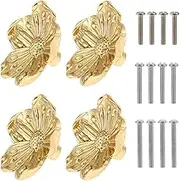 4Pcs Drawer Knob Set Brass Cupboard Knobs Gold Furniture Knob Handle with Screws Decorative Flower Drawer Pull Handle Dresser Knob for Cabinets Drawer Dresser Door ZJMCAJY(4PCS)