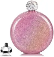 Junya Cute Liquor Flask for Women, 304 Stainless Steel,Pretty Glitter Coating Whiskey Flasks,Shining Rhinestone Cap,Portable Wine Flask for Drink Bar BBQS and Traveling,Capacity 5 oz (Pink)