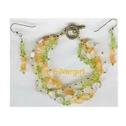 4 Strand Gemstone Chip Bracelet Earring Set Moonstone, Peach Aventurine, Peridot