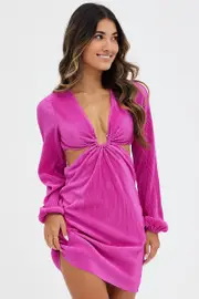 Purple Plisse Dress Plunging Ring Detail Balloon Sleeve - Size 12, Women's Bodycon Dress