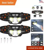 Super Bright Waterproof Headlamp Flashlight - 1200 Lumen - 8 Modes - 2 Pack