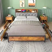 Ufurniture Double Bed Frame Industrial, Mattress Base with 4 Storage Drawers, USB Ports and Storage Headboard