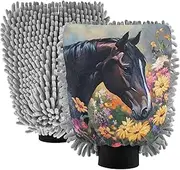 XYMZR Horse Garden Florals Absorbent Microfiber Car Wash Mitt, Funny Cute Anime Scratch Free for Cars Cleaning, Home Cleaning Mitts, 2 Pack, 10.24” L x 7.09” W
