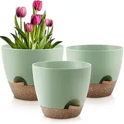 Plant Pots 16.5cm Self Watering Pots, Set of 3 Plastic Planters with Drainage Holes and Saucers, Decorative Plastic Flower Pots, Nursery Planting Pot with Drainage Hole, for All Indoor Out Door Plant