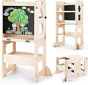 3-in-1 Foldable Learning Tower for Toddlers, Wooden Montessori Kitchen Step Stool with Chalkboard, Convertible Table & Chair, Kitchen Helper Ladder for Kids Ages 1-6 Child Gift