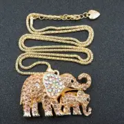Betsey Johnson Necklace Iridescent Crystal Elephant Pendant Gold Tone