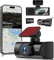 4K Dual Dash Cam Front and Rear, 4K+1080P Dashcam with 64GB Card,Car Dash Camera Built-in WiFi, GPS, 24 Hours Parking Monitor,G-Sensor, Super Night Vision, Loop Recording