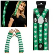 St Patrick's Day Suspenders Long Gloves Light Up Hair Clip Green Shamrock Clover