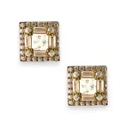 Yellow Gold CZ Round Emerald and Baguette Cut Mico-Pave Hexagon Stud Earrings -