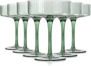 Green 9 oz Vintage Art Deco Coupe Glasses Set of 6 Ribbed martini Glasses |Vintage Cocktail Glasses Set,Unique Colored Coupe Glass, Classic Cocktail Glassware