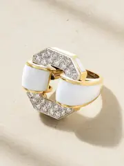 [DAVID WEBB] DAVID WEBB - Small Octagonal Buckle 18-karat Gold, Platinum, Enamel And Diamond Ring - White - 6 6 White