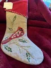 Nicole Miller Home Christmas Stocking Cardinal on Tree Branch Red & Gold 8x22"