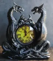 Gothic Twin Dragons Table Clock Statue With Roman Numerals In Metallic Look 11"H