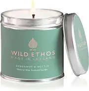 Wild Ethos Naturals Premium Scented Natural Wax Tin Candle - Bergamot & Nettle Scent - Hand-Poured in UK - Burn Time 40+ Hours - Natural Ingredients for Less Smoke & Slow Burn