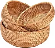 Jucoan 3 Pack Round Rattan Fruits Bread Baskets, Vintage Hand-woven Wicker Fruit Serving Baskets Bowls for Candy, Snack, Keys, Kitchen Countertop, 3 Size