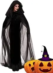 Witch Hooded Cloak, Tulle Sheer Cape for Women, Long Haunted Cloak, Wizard Costume, Perfect for Bride Cosplay and Halloween Parties