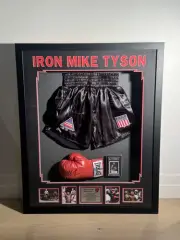 Mike Tyson Hand Signed Boxing Trunks, Signed Glove & Signed Card Framed Beckett