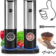 Electric Salt and Pepper Grinder Set with Type-C Charging Base, SIKITUT Automatic Pepper Mill Grinder Refillable Set, Rechargeable, Adjustable Coarseness, One Handed Operation, LED Light, 2 Pack