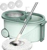 DUUKOA Spin Mop with Basket - System Stainless Steel 360° Spinning mop and Bucket with Wringer Set Mop Bucket Floor Cleaning System, 49" Extended Handle and 3 Microfiber Heads (Light Cyan)