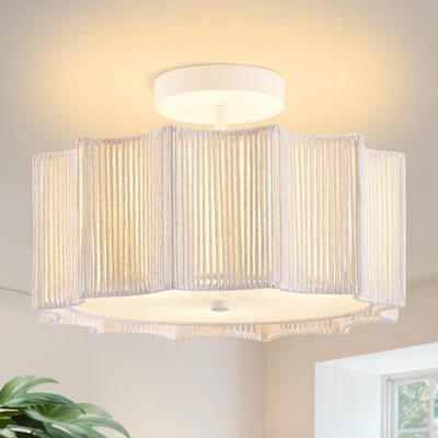 Rattan Light Fixtures Ceiling Mount, 12.6" White Boho Light Fixture with Fabr...