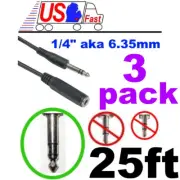 Lot3pk 25ft long 1/4"Stereo Male~Female Extension Audio/Headphone/PA Cable 6.3mm