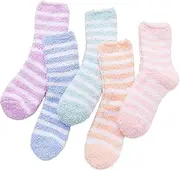 [LJJCSFF] 5 Pairs Colored Fluffy Socks Stripe Fuzzy Socks Winter Bed Socks Soft Thermal Slipper Socks Home Sleeping Socks For Women, Multicolor, One Size