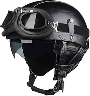 Walopola Motorcycle Helmets | Comfortable Helmets for Motorcycle | Leather Motorcycle Helmets for Adults Men Women, Vintage Half Face Helmets with Goggles