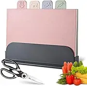 4pcs Chopping Boards Set with Stand and 1 Pair of Kithchen Scissors,Index Plastic Cutting Boards Great for Meat,Fish,Vegetables,BPA Free,No Slip