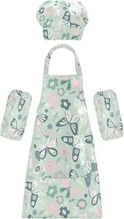 AIXIWAWA Kids Apron Chef Hat Set, Child Kitchen Bib Aprons Adjustable for Cooking Baking Painting (Spring Butterflies)
