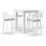 Santorini Outdoor Aluminium Square Bar Table with 4 Bar stools 4 Seats - White - Textured Olefin Grey
