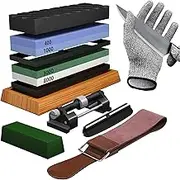 Knife Sharpening Stone Set - Premium 4 Side Grit 400/1000 3000/8000 Whetstone Sharpener Kit - Non-Slip Bamboo Base,Cut Resistant Gloves, Angle Guide,Flatting Stone,Honing Guide,Leather Strop