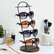 Modern 5-Tier Matte Black Metal Sunglasses Display Stand with Brown Wood Base