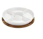 Lazy Susan Server Platter Spinning Acacia table with 5 Porcelain Dish Plater Set