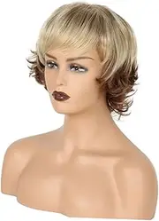 NOLITOY Realistic Curly Wig for Women Short Length Natural Fluffy Bangs Pink Lace Front