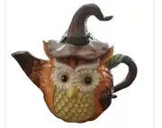 Cracker Barrel Stoneware Witch Pumpkin Owls Tea Pot Halloween