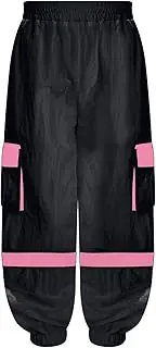 [FEESHOW] Girls Cargo Pants Color Block Hip Hop Dance Pants Training Pants Leisure Lightweight Sweatpants Dancewear