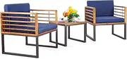 Costway 3 Pieces Acacia Wood Patio Bistro Set, Outdoor Conversation Set with Cushioned Armchairs and Square Coffee Table, Patio Furniture Set for Porch, Deck, Balcony