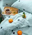 Bedding hearts Cotton Queen size bed Sheet Duvet Cover 2 Pillowcases blue