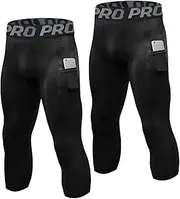 [LNFINTDO] 3/4 Compression Pants for Men with Pockets Capri Sports Legging Basketball Running Tights Cool Dry Workout Baselayer
