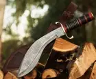 Handmade Damascus Kukri Knife, Leather Hanging Sheath Cover, Survival Knife