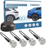 24 Premium Rear Parking Aid for Retrofitting to the Car, PDC Rear Parking Sensors with Plug-In System for Easiest Installation Reversing Alarm with Speaker and 4 Sensors Parking Aid Retrofit Kit Silver