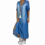 Womens Casual Denim Long Maxi Dress Ladies Summer Loose Jeans-1 L