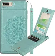 Cavor for iPhone 7 Plus, iPhone 8 Plus Wallet Case Flip Magnetic Clasp PU Leather Shockproof TPU Back Cover Flower Cases Lanyard Card Slots Holder Kickstand Protective Case-Vertical Mandala Green
